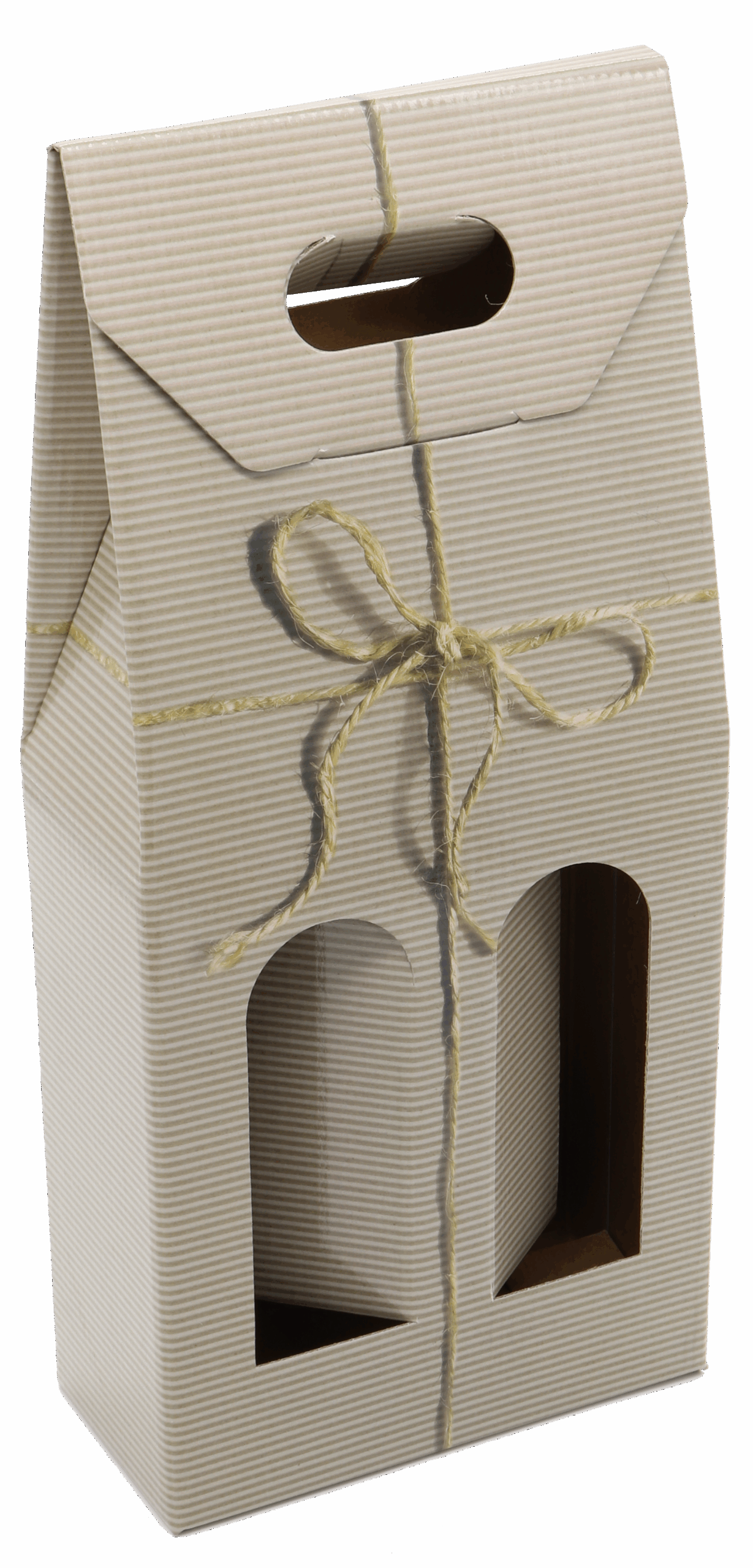 Estuche para dos botellas marrón con ventana troquelada frontal, lazo decorativo y asa tipo bolsa.